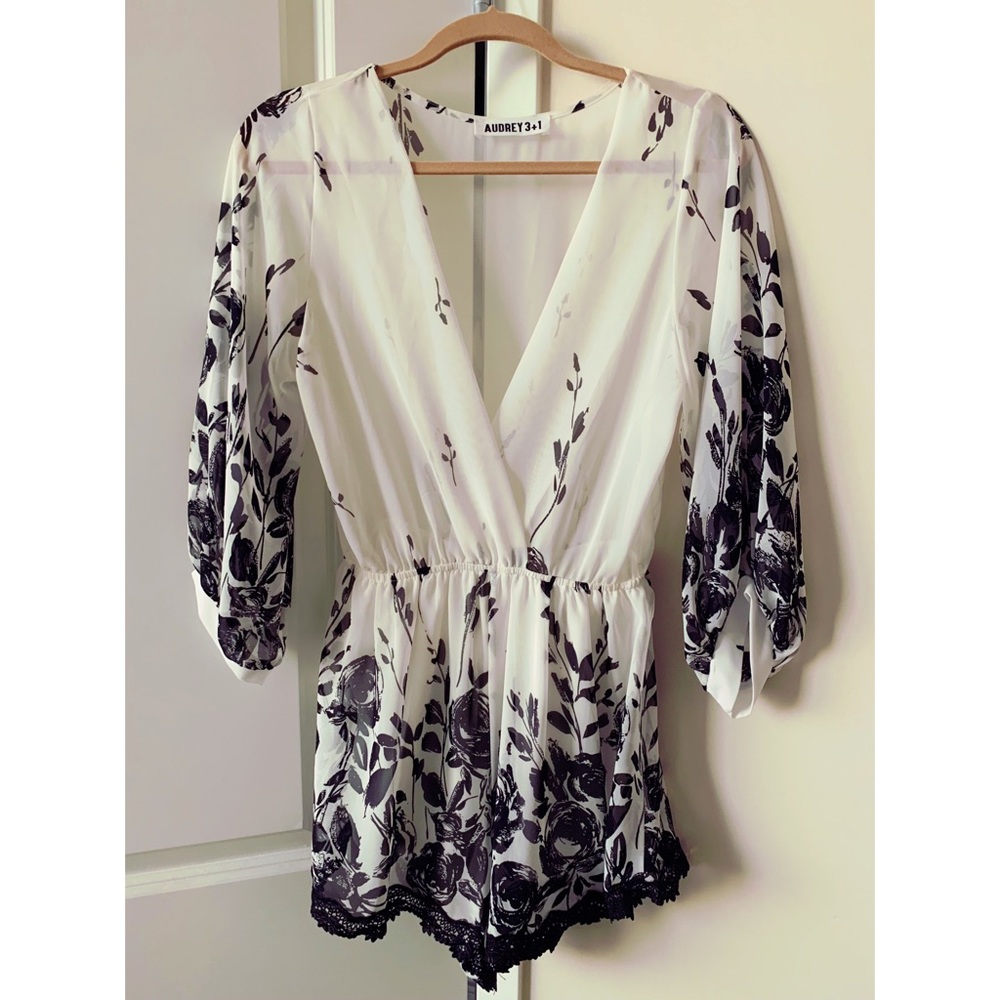White and black floral romper